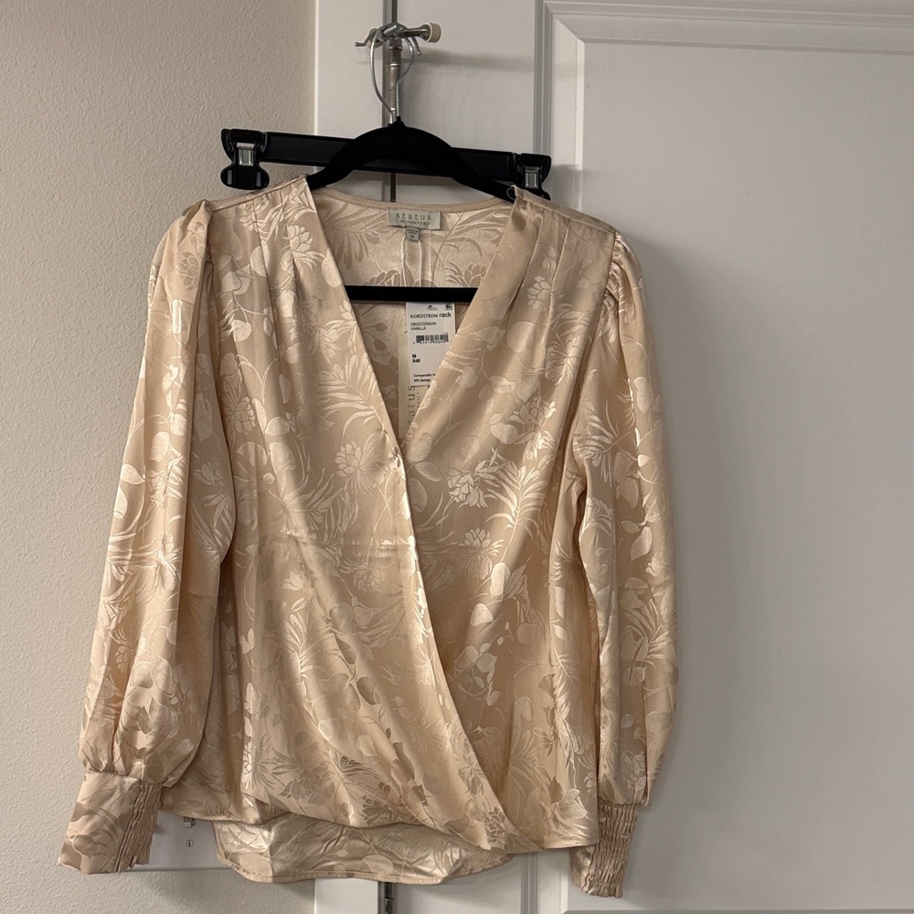Elegant Beige Floral Wrap Blouse